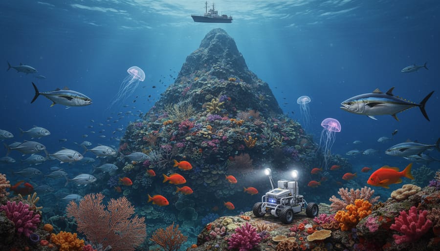 Underwater scene showing diverse marine life including fish schools and sea turtles around seamount habitat