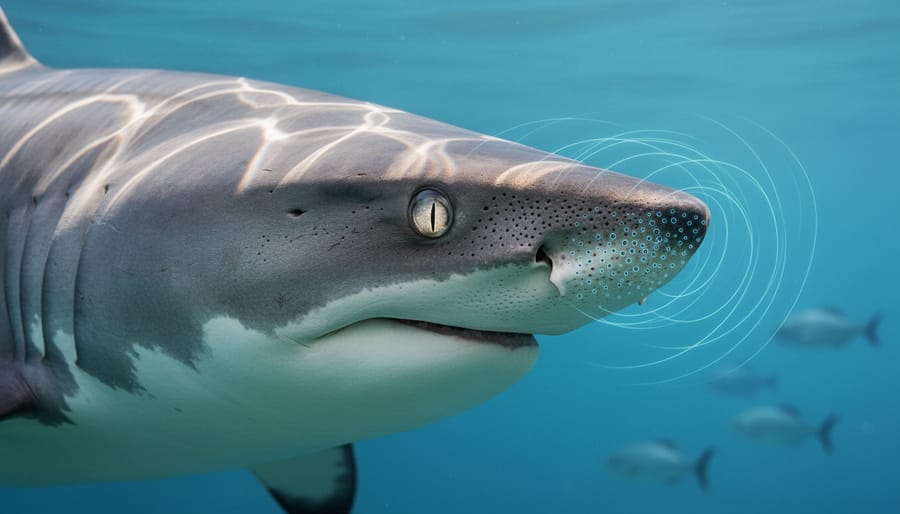 Close-up of shark showing electroreceptor organs on snout used to detect electromagnetic fields