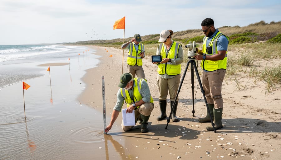 Marine biologist collecting sediment samples in shallow coastal water for site assessment