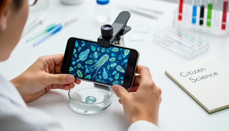 Person using smartphone with portable microscope to examine plankton sample