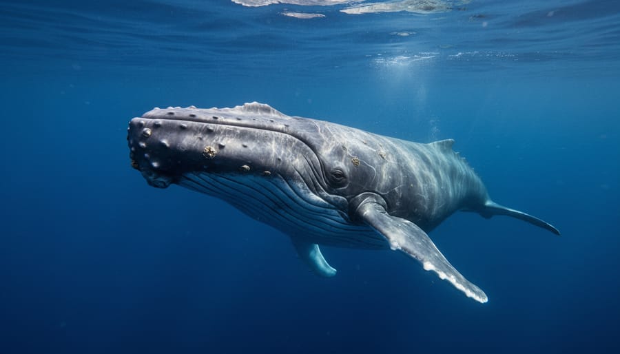 Sperm whale diving deep into ocean with sunlight rays from surface