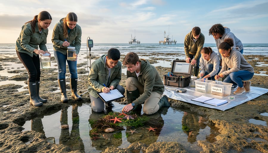 High school students conducting water quality testing experiments during marine science field study