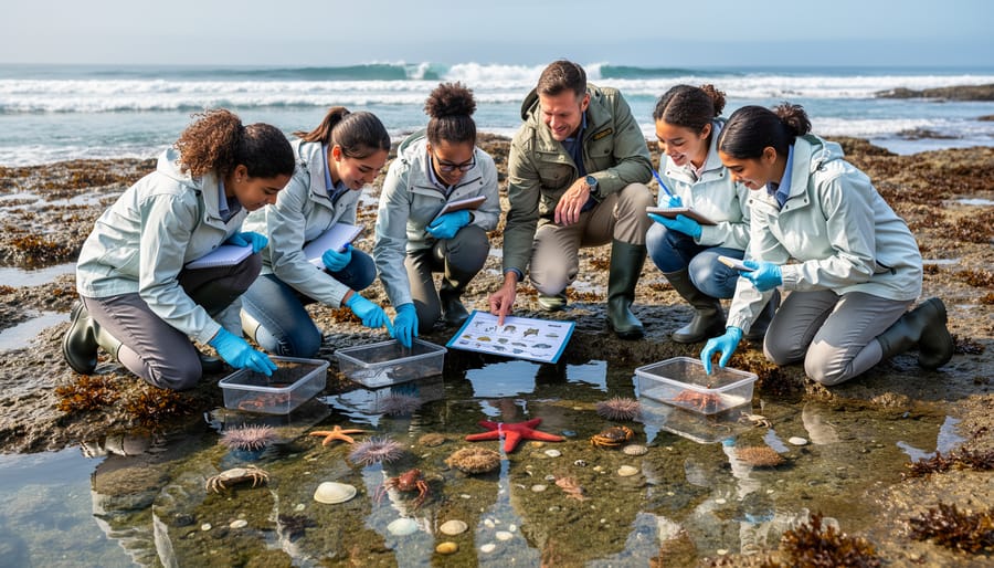 High school students examining marine specimens during coastal educational program