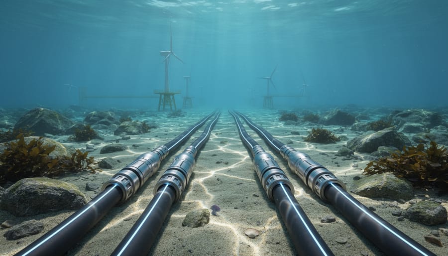 Underwater view of submarine power cable on sandy ocean floor