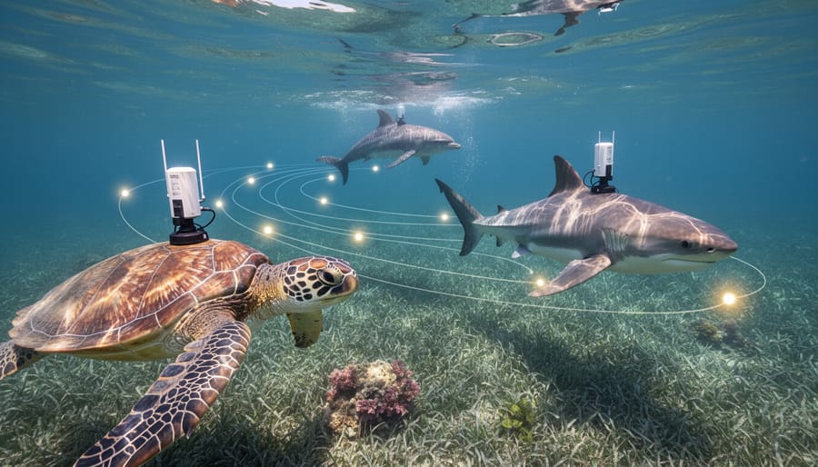 Sea turtle with satellite tracking device swimming in clear ocean water