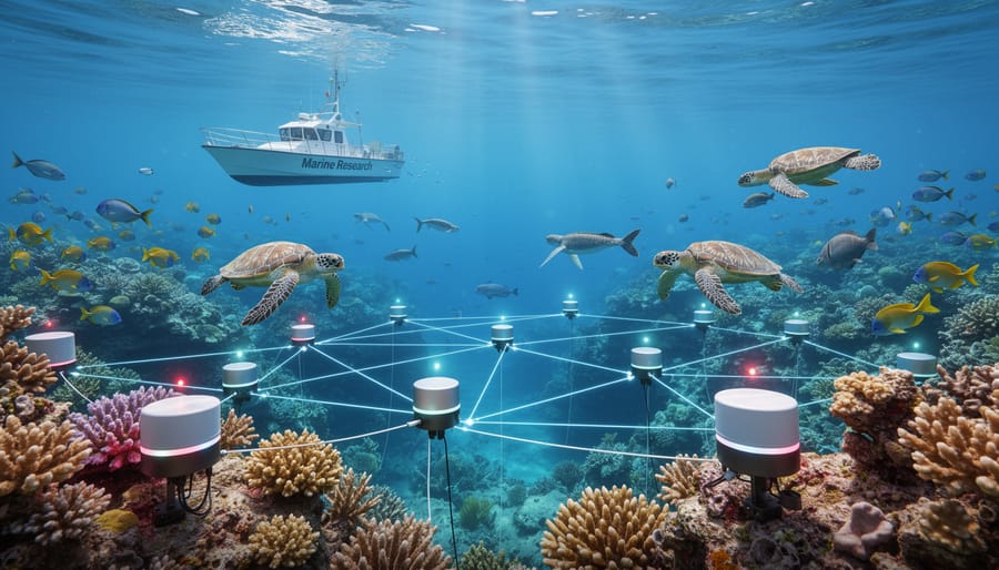 Vibrant healthy coral reef with sea turtle and tropical fish in clear blue water