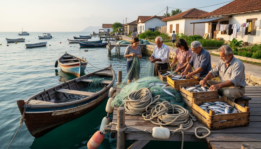 Traditional fishing boats on tropical beach at sunrise showing community connection to marine resources