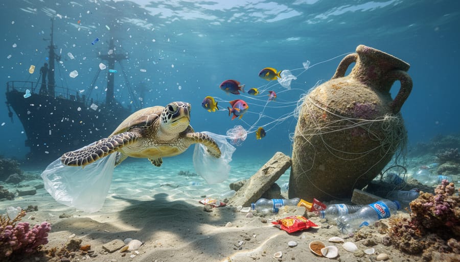 Sea turtle entangled in plastic debris swimming near ancient shipwreck remains underwater