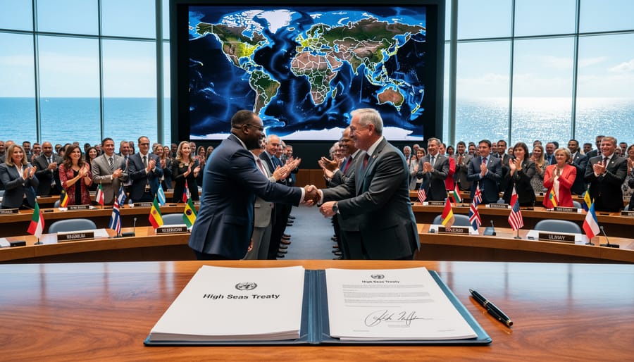 International delegates gathered at United Nations conference table during treaty negotiations
