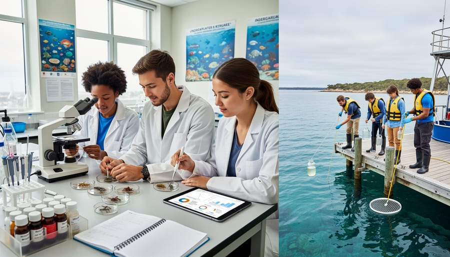 College student conducting marine biology laboratory research with microscope and scientific equipment