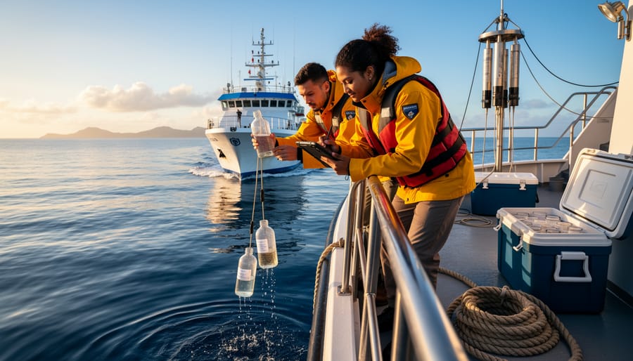 Marine biologist's hand holding water sampling bottle underwater with coral reef in background