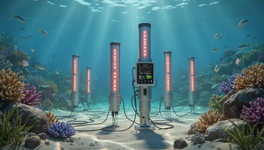 Underwater pollution sensor deployed on coral reef with tropical fish swimming nearby