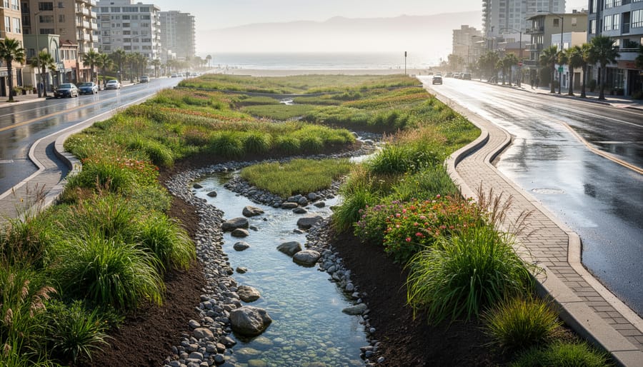 Aerial view of urban wetland bioswale system with native plants filtering stormwater