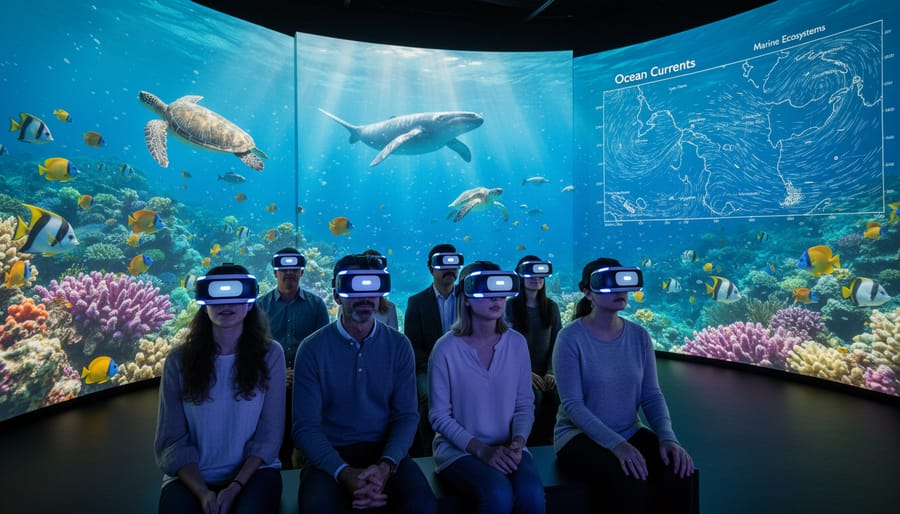 Person experiencing virtual reality ocean environment with blue light reflections on face
