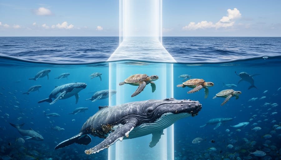 Humpback whale mother and calf swimming together in deep ocean waters