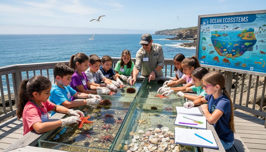 Elementary school children examining marine specimens together on a beach during educational program