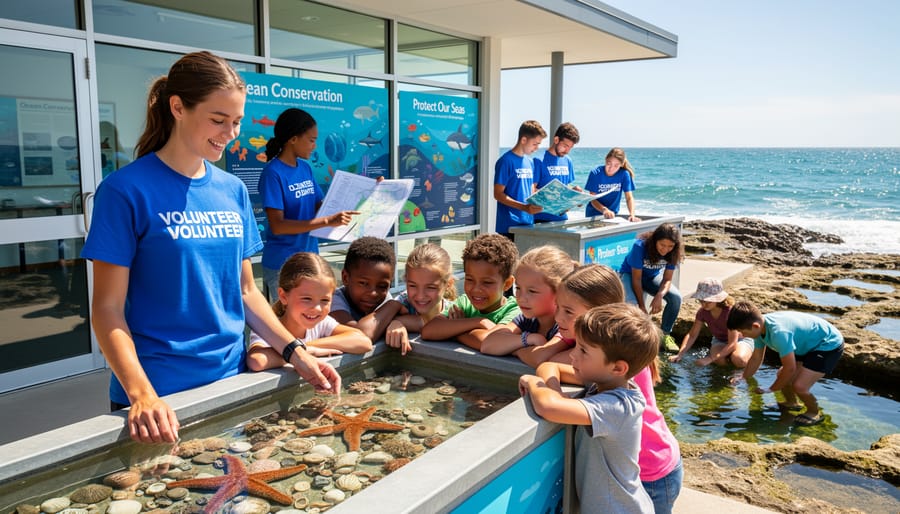 Young volunteer educator leading marine life presentation for children at aquarium facility