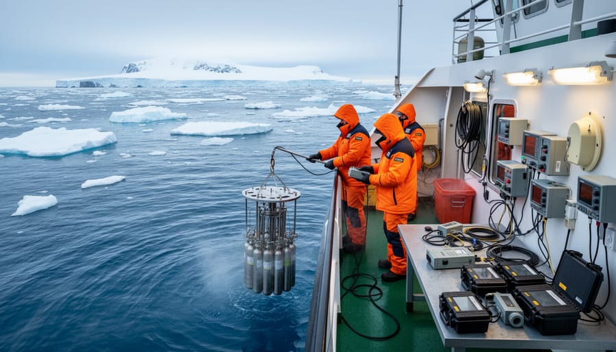 Marine researcher collecting water samples on Antarctic ice with penguins in background