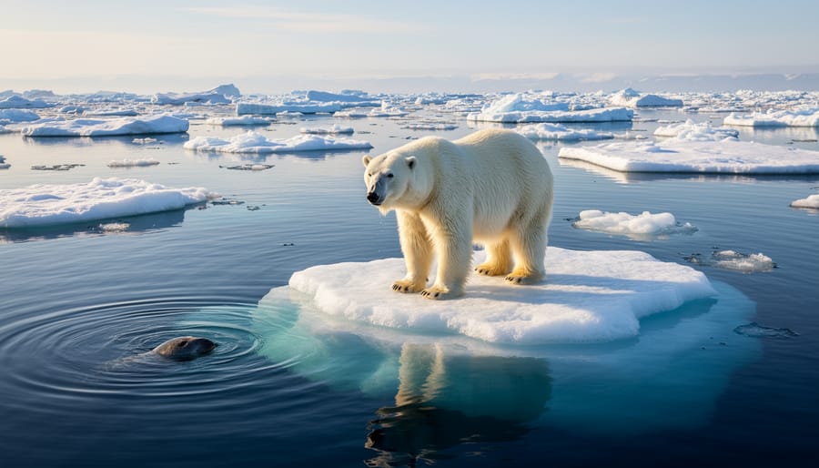 Polar bear standing on diminishing Arctic sea ice with ocean water