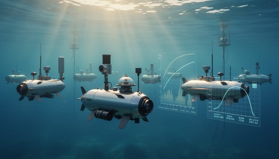Autonomous underwater drone with sensors collecting data near coral reef