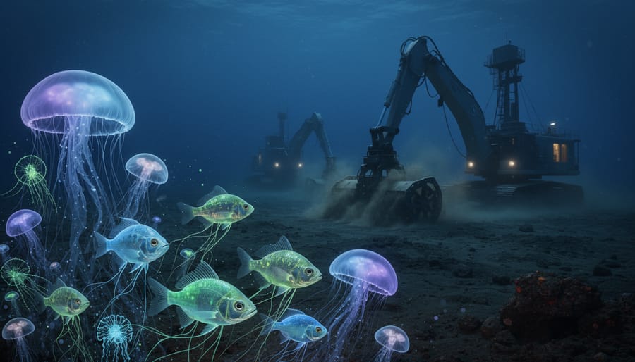 Bioluminescent jellyfish floating in deep ocean darkness