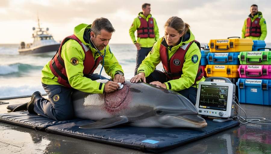 Veterinarian using stethoscope to check heart rate and circulation of rescued seal