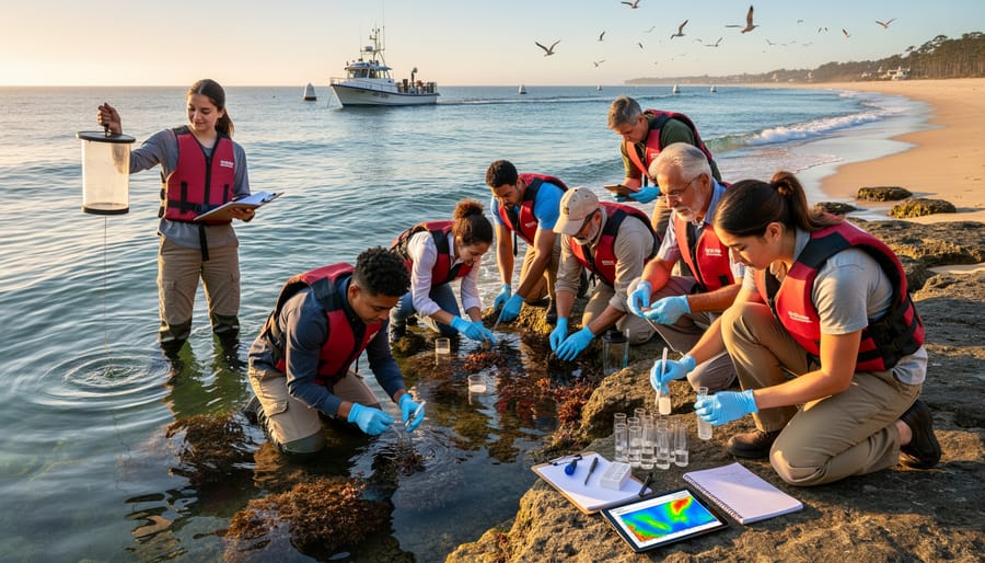 Volunteers collecting water samples for ocean health monitoring