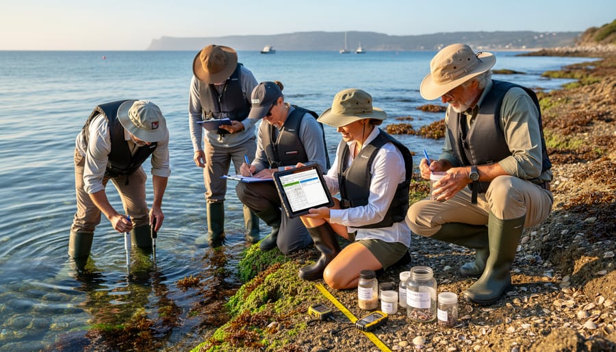 Volunteers with clipboards conducting marine research in coastal tide pools