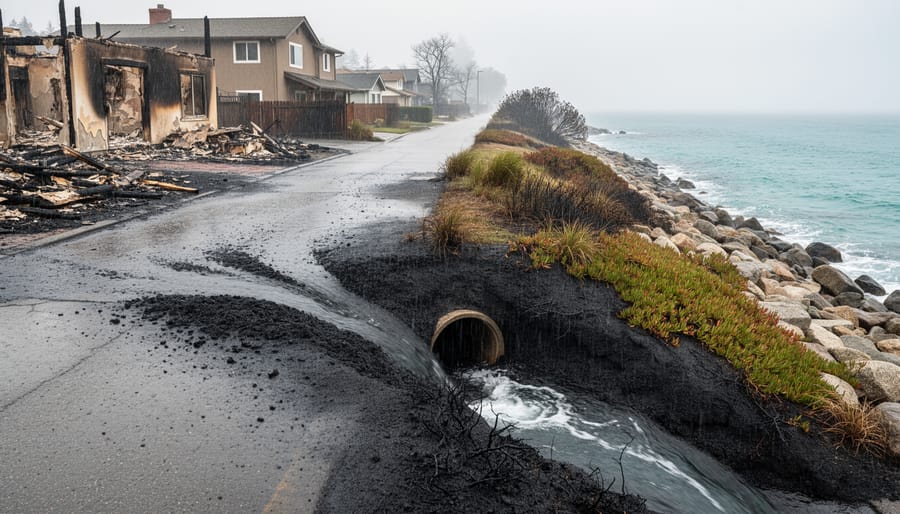 Burned coastal hillside with ash and debris entering ocean waters