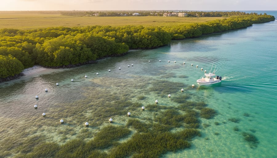 Aerial oblique view of mangroves and clear shallows with visible seagrass, an arc of unlabeled white buoys marking a protected area, and a small patrol boat cruising the boundary in warm golden light; distant salt marsh and low buildings softly out of focus.