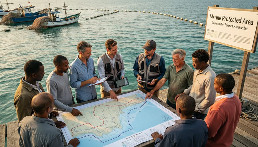 Fishermen and marine scientists collaborating on beach with traditional fishing equipment