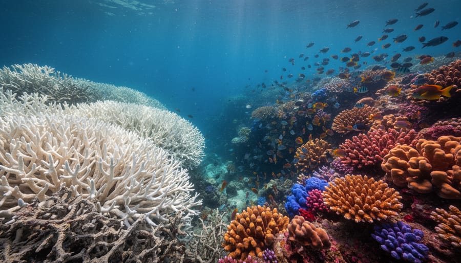 Bleached coral reef showing widespread damage from ocean thermal stress