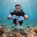 Underwater photo of a scuba diver releasing coral larvae from a clear vial above a damaged reef, with sunbeams, nursery frames, and small reef fish in the blue water background.
