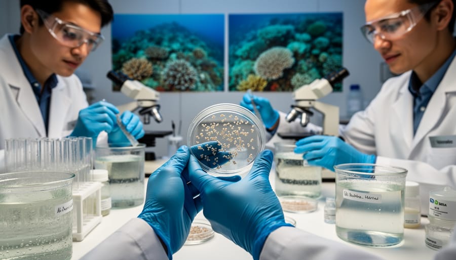 Marine biologist examining container of coral larvae in laboratory setting