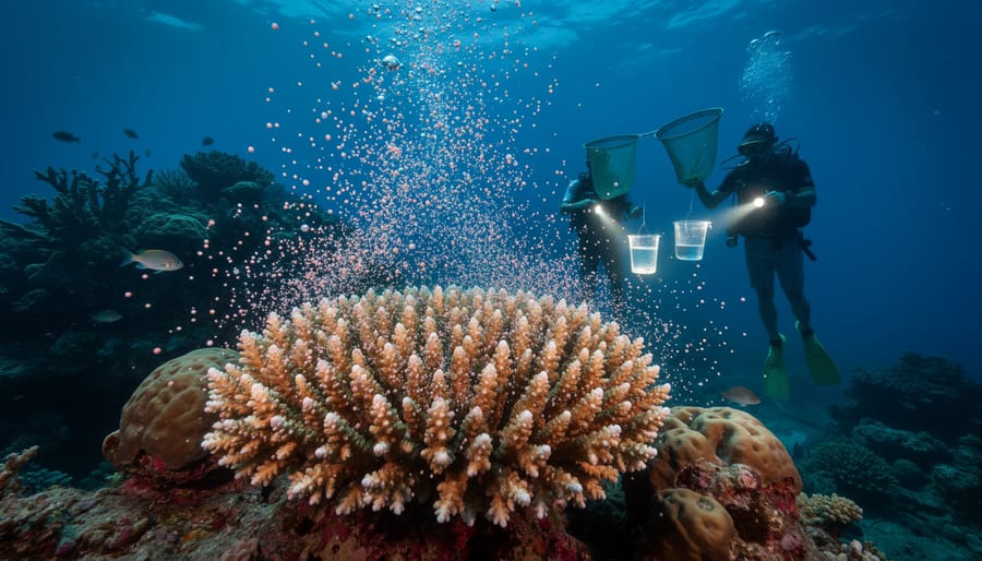 Close-up of coral polyps releasing eggs during mass spawning event underwater