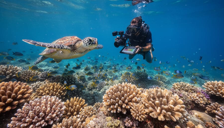Colorful coral reef with diverse hard corals and tropical fish in clear blue water