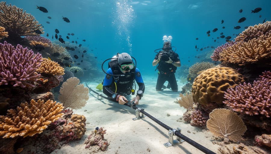 Vibrant coral reef ecosystem with diverse marine life including fish and coral formations