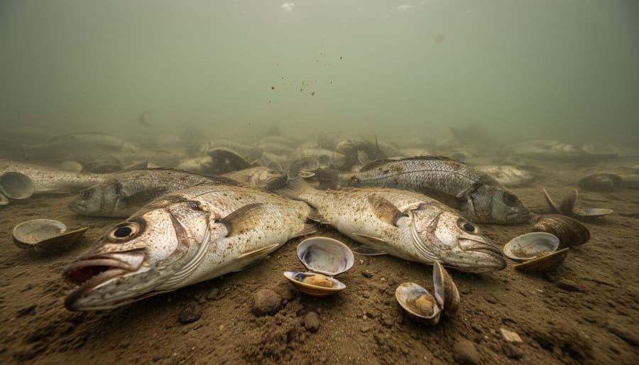 Dead fish on ocean floor in hypoxic dead zone