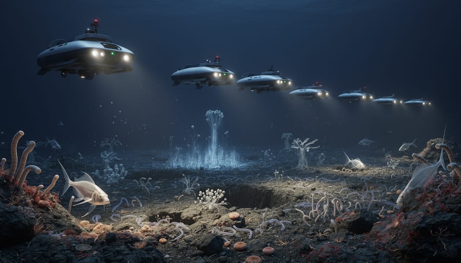 Autonomous underwater vehicle with lights exploring deep-sea environment with bioluminescent marine life