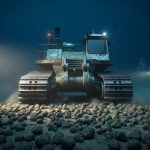 Industrial deep-sea mining crawler lit by ROV floodlights over manganese nodules on the abyssal plain, with a drifting sediment plume and small sponges visible in the distance.