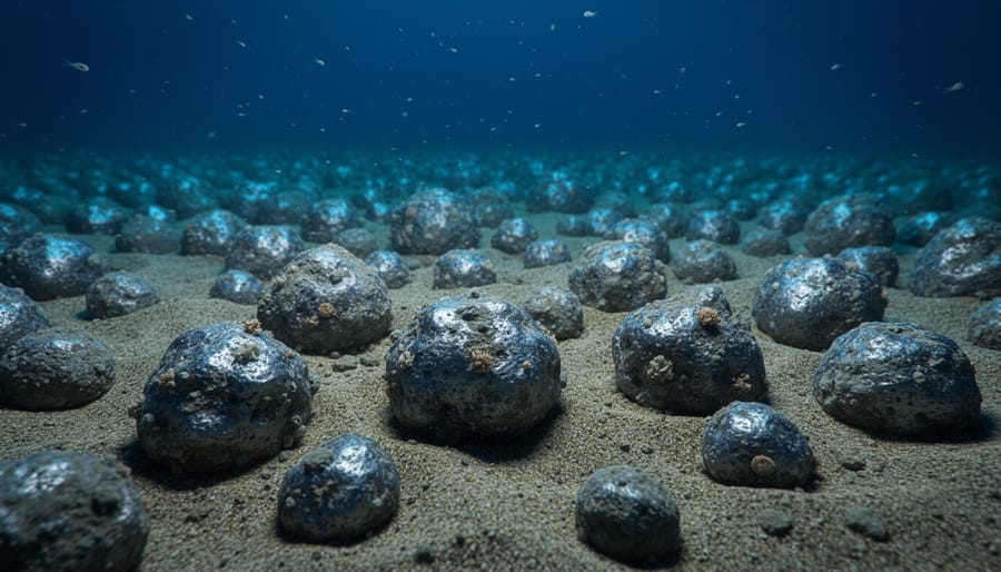 Polymetallic nodules scattered across deep-sea sediment on the ocean floor