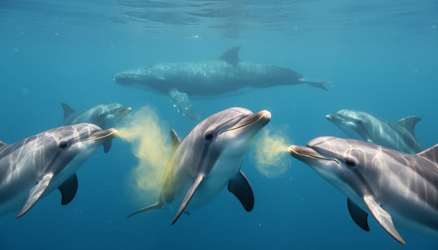 Two dolphins swimming together in clear ocean water showing proximity for potential chemical communication