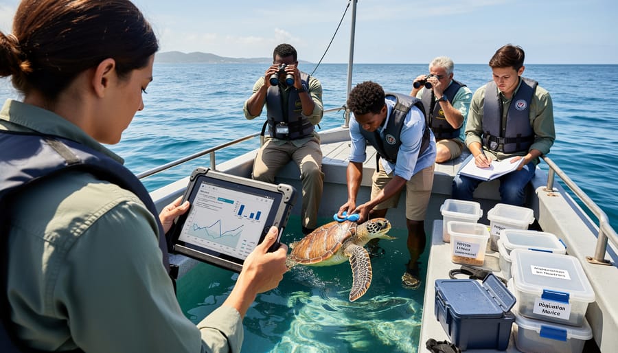 Endangered sea turtle swimming in clear ocean water with sunbeams