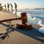 Wooden judge’s gavel on wet sand beside fresh sea turtle hatchling tracks at the ocean’s edge, with blurred conservationists installing protective stakes in the background at sunrise.