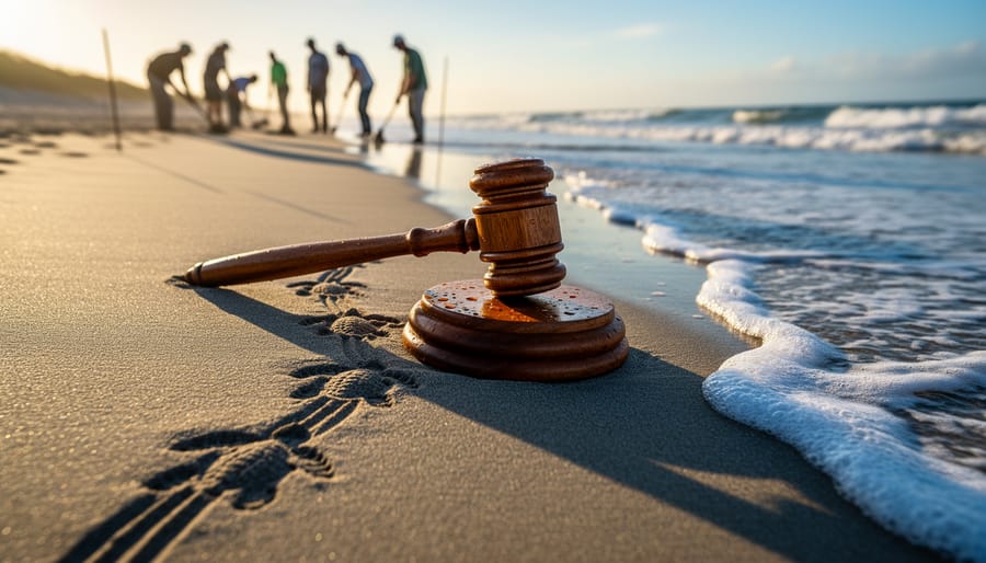 Wooden judge’s gavel on wet sand beside fresh sea turtle hatchling tracks at the ocean’s edge, with blurred conservationists installing protective stakes in the background at sunrise.