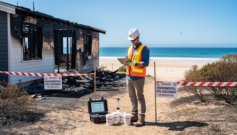 Environmental consultant conducting site assessment at fire-damaged coastal property