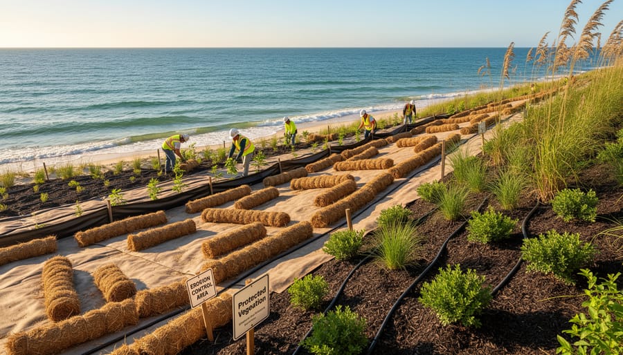 Erosion control barriers and native plant restoration on coastal slope