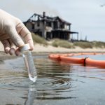 Gloved hand collecting a tide pool water sample near a charred coastal house, with orange containment booms along the shoreline under bright overcast light.