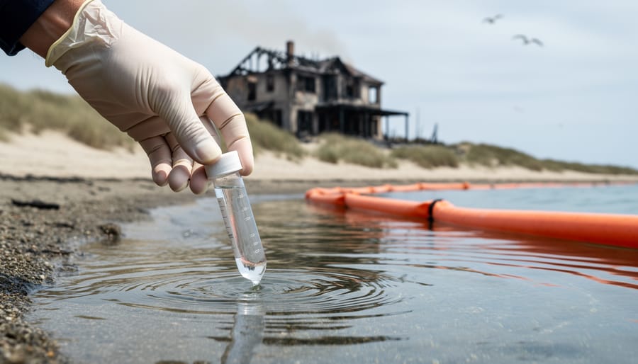 Gloved hand collecting a tide pool water sample near a charred coastal house, with orange containment booms along the shoreline under bright overcast light.