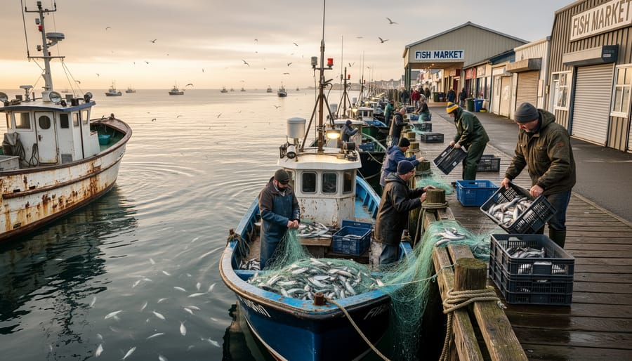 Fishermen with reduced catch returning to dock